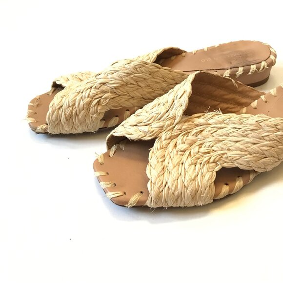 Paloma Barcelo Raffia Sandals Slide Womens 39 9 Natural Open Toe Slip On Leather - Picture 6 of 10